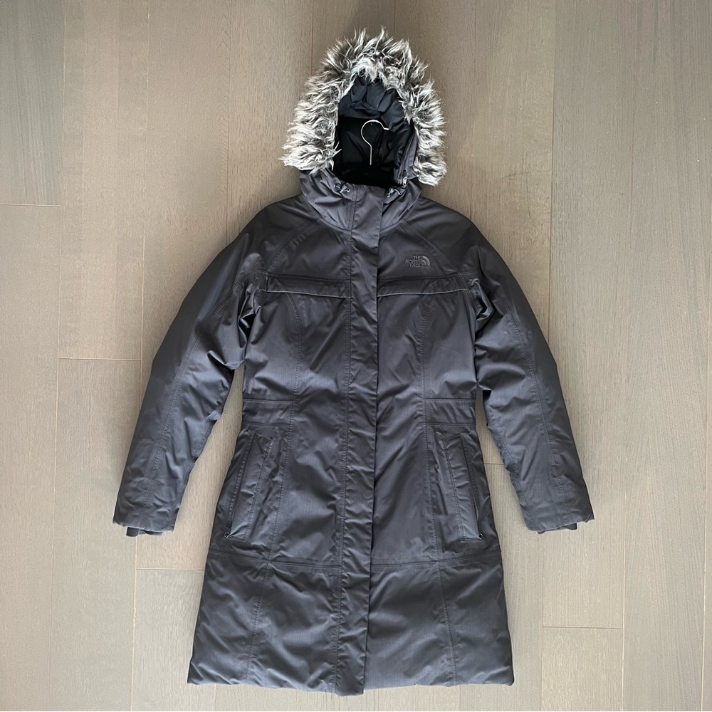 North Face Grey Winter Arctic Parka Jacket with Faux Fur Trim